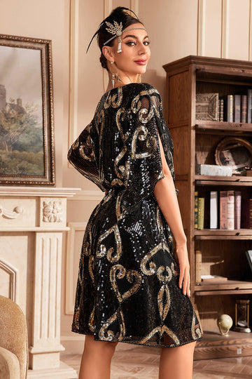 Vestido negro de lentejuelas brillantes de la década de 1920 con mangas de murciélago